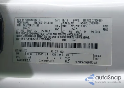 2019 Ford F-150 Xl z USA, uszkodzony, nr VIN 1FTFX1E56KKC07600